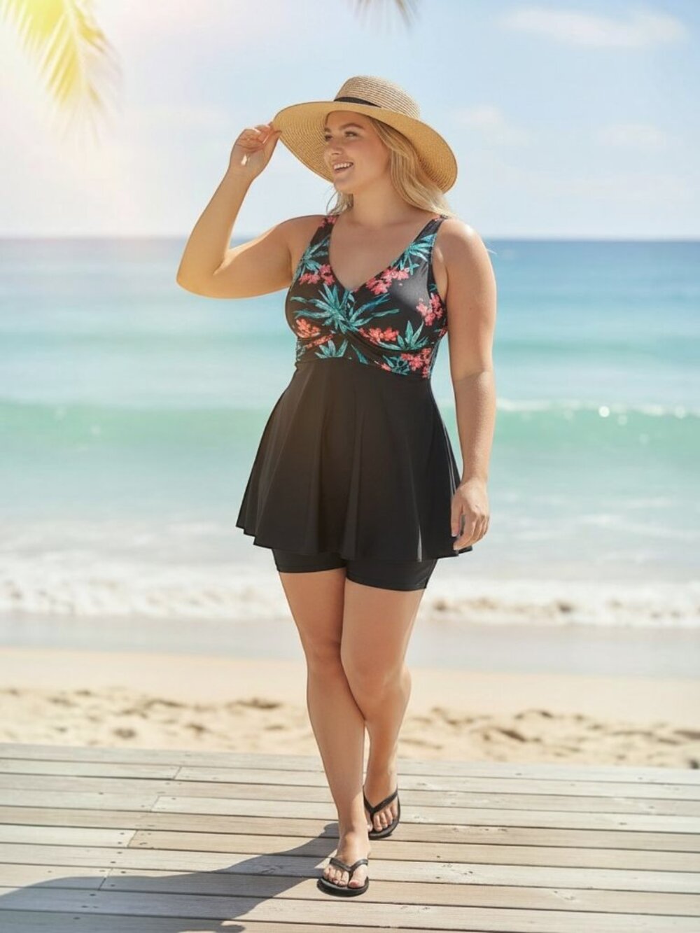 Tie Back Plus Size 2XL Twist Front Tankini Swimsuit Floral V Neck Black Shorts